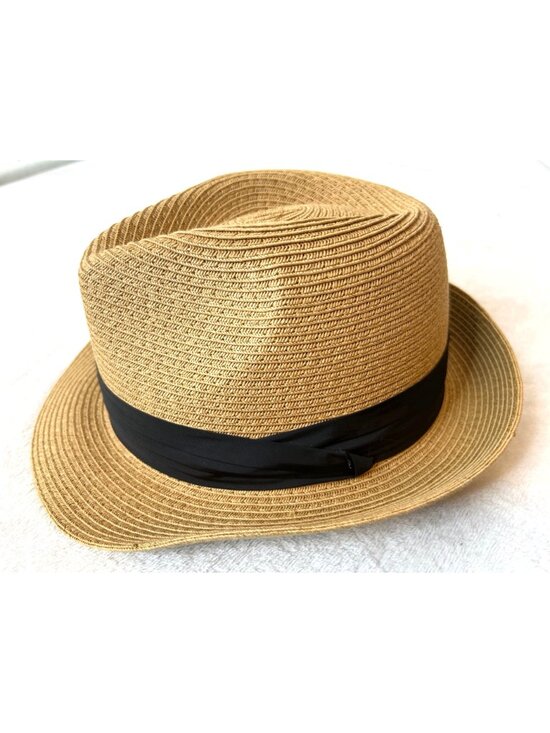 FURTALK Straw Boater Hat M/L Tan Paper Braid Sun Hat w/ Black Ribbon Unisex